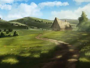 Превью обои дом, тропинка, холмы, природа, арт