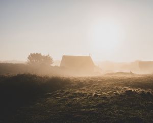Превью обои дом, туман, природа, рассвет