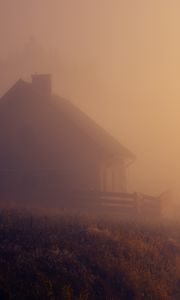 Превью обои дом, туман, трава, природа, темный