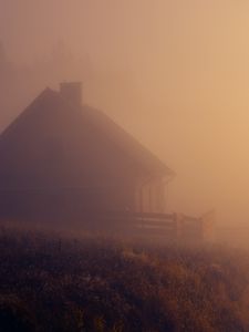 Превью обои дом, туман, трава, природа, темный