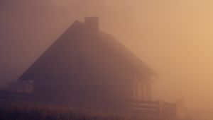 Превью обои дом, туман, трава, природа, темный