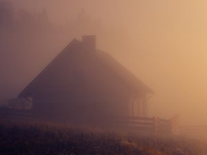 Превью обои дом, туман, трава, природа, темный