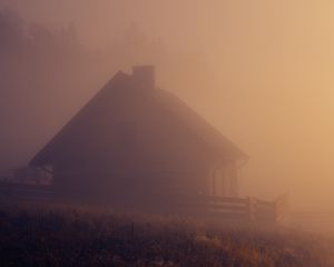 Превью обои дом, туман, трава, природа, темный