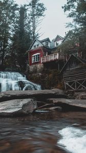 Превью обои дом, водопад, здание, лес