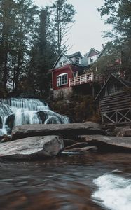 Превью обои дом, водопад, здание, лес