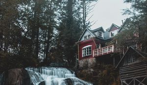 Превью обои дом, водопад, здание, лес