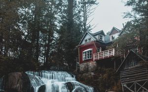 Превью обои дом, водопад, здание, лес