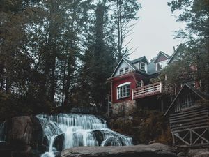 Превью обои дом, водопад, здание, лес