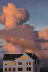 Превью обои дом, здание, облака, живопись, арт
