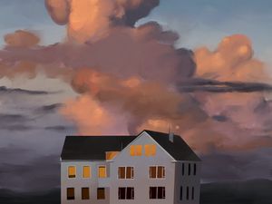 Превью обои дом, здание, облака, живопись, арт
