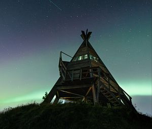 Превью обои дом, звездное небо, северное сияние, ночь, темный