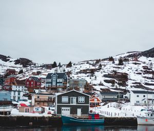 Превью обои дома, город, река, снег