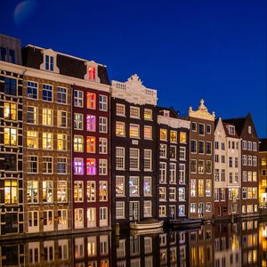 Превью обои дома, канал, отражение, дамрак, амстердам, голландия