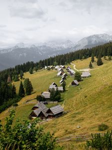 Превью обои дома, крыши, склон, деревья, горы, природа