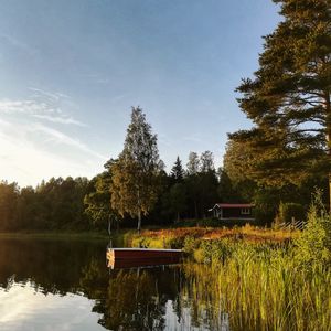 Превью обои дома, лодка, озеро, лес, небо