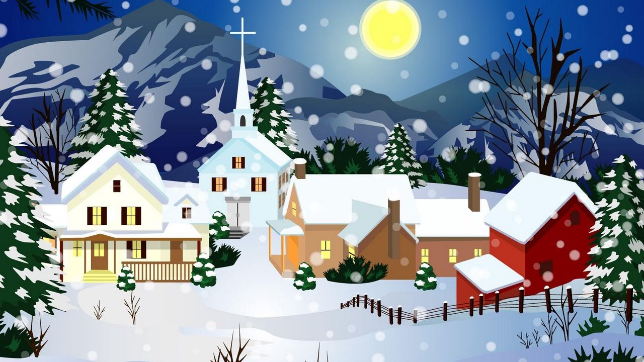 Обои дома, полнолуние, церковь, снег, ночь, зима