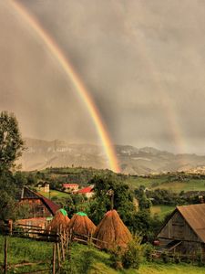 Превью обои дома, тучи, радуга, пейзаж