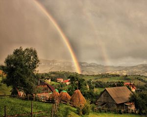 Превью обои дома, тучи, радуга, пейзаж