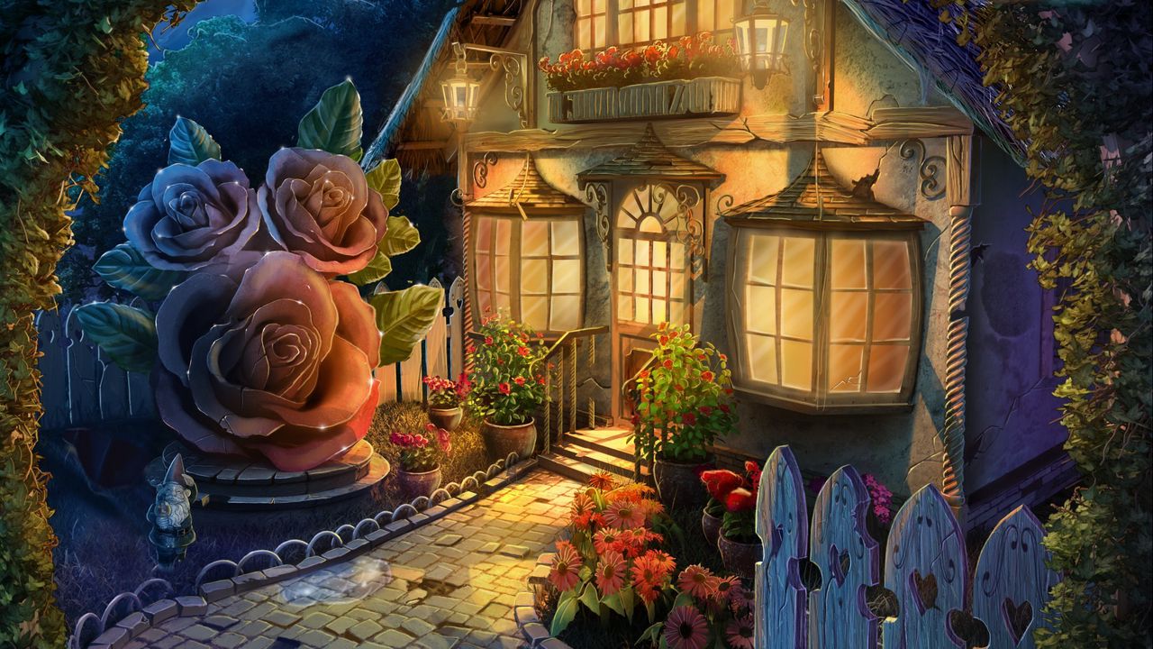 Обои домик, арт, цветы, двор, сказочный