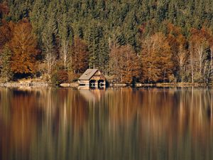 Превью обои домик, лес, озеро, отражение, осень, пейзаж