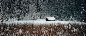 Превью обои домик, лес, снег, опушка, зима