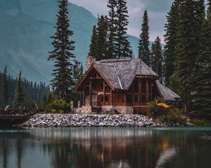Превью обои домик, озеро, гармония, тишина, деревья, лес, природа