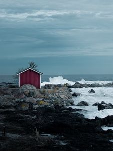 Превью обои домик, побережье, море, скалы, лед