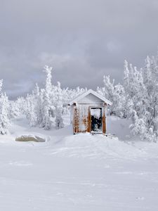 Превью обои домик, снег, деревья, зима, пейзаж