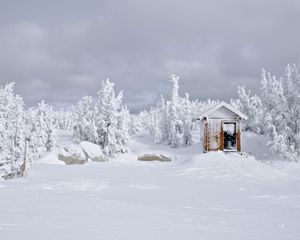 Превью обои домик, снег, деревья, зима, пейзаж