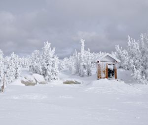 Превью обои домик, снег, деревья, зима, пейзаж