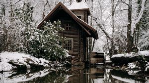 Превью обои домик, снег, река, природа, зима