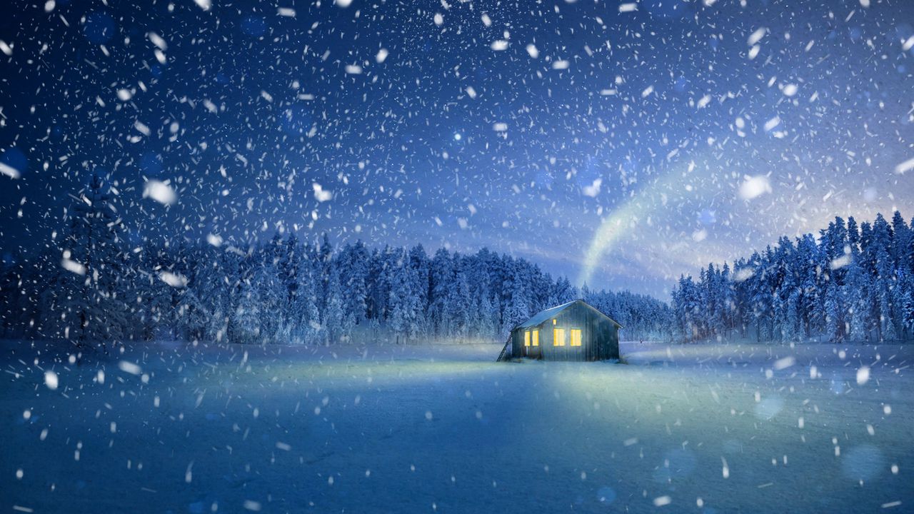 Обои домик, снегопад, снег, сказочный, волшебный