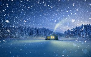 Превью обои домик, снегопад, снег, сказочный, волшебный