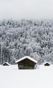 Превью обои домики, снег, лес, зима, природа