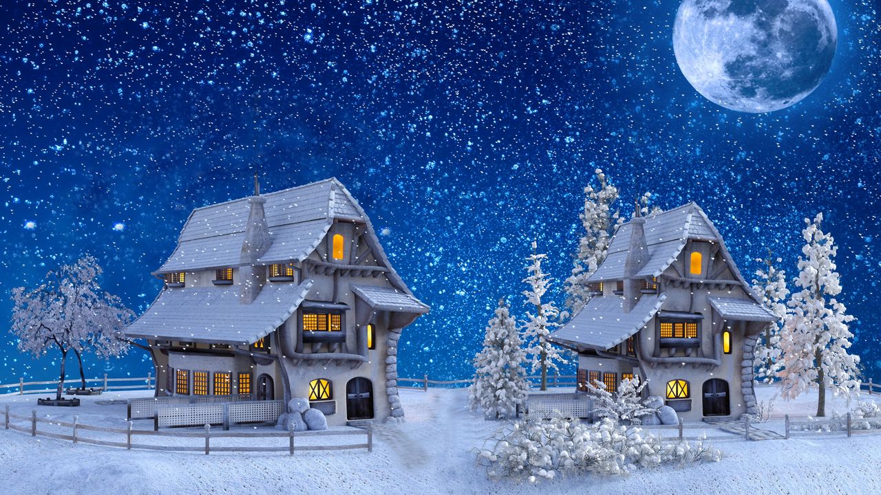 Обои домики, зима, снегопад, луна, игрушечный