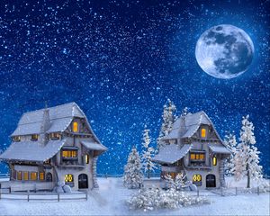 Превью обои домики, зима, снегопад, луна, игрушечный