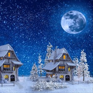 Превью обои домики, зима, снегопад, луна, игрушечный