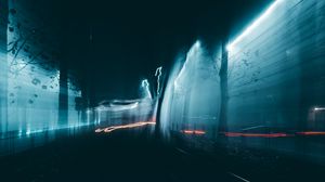 Превью обои дорога, аллея, искажение, свечение, темный