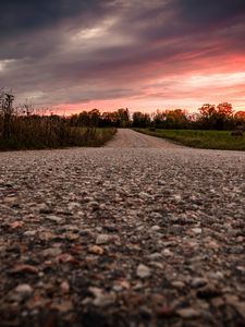 Превью обои дорога, асфальт, деревья, сумерки, природа