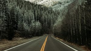 Превью обои дорога, асфальт, лес, деревья, снег, зима
