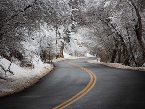 Превью обои дорога, асфальт, поворот, деревья, снег, зима