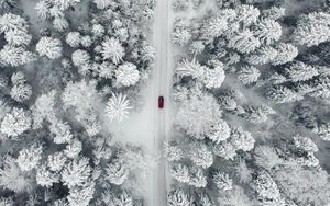 Превью обои дорога, автомобиль, лес, снег, вид сверху