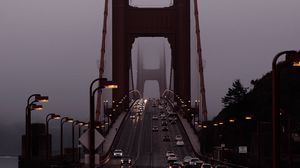 Превью обои дорога, автомобиль, мост, туман