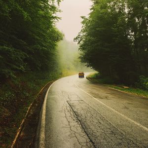 Превью обои дорога, автомобиль, путешествия, лес, туман, природа