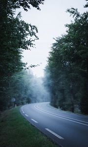 Превью обои дорога, даль, разметка, деревья, туман