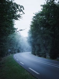 Превью обои дорога, даль, разметка, деревья, туман