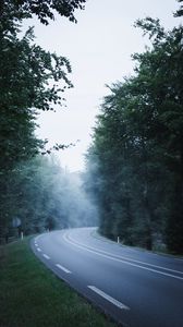 Превью обои дорога, даль, разметка, туман, деревья