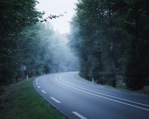 Превью обои дорога, даль, разметка, туман, деревья