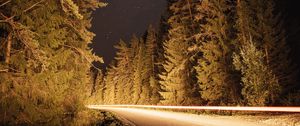 Превью обои дорога, деревья, длинная выдержка, ель