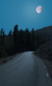 Превью обои дорога, деревья, луна, ночь